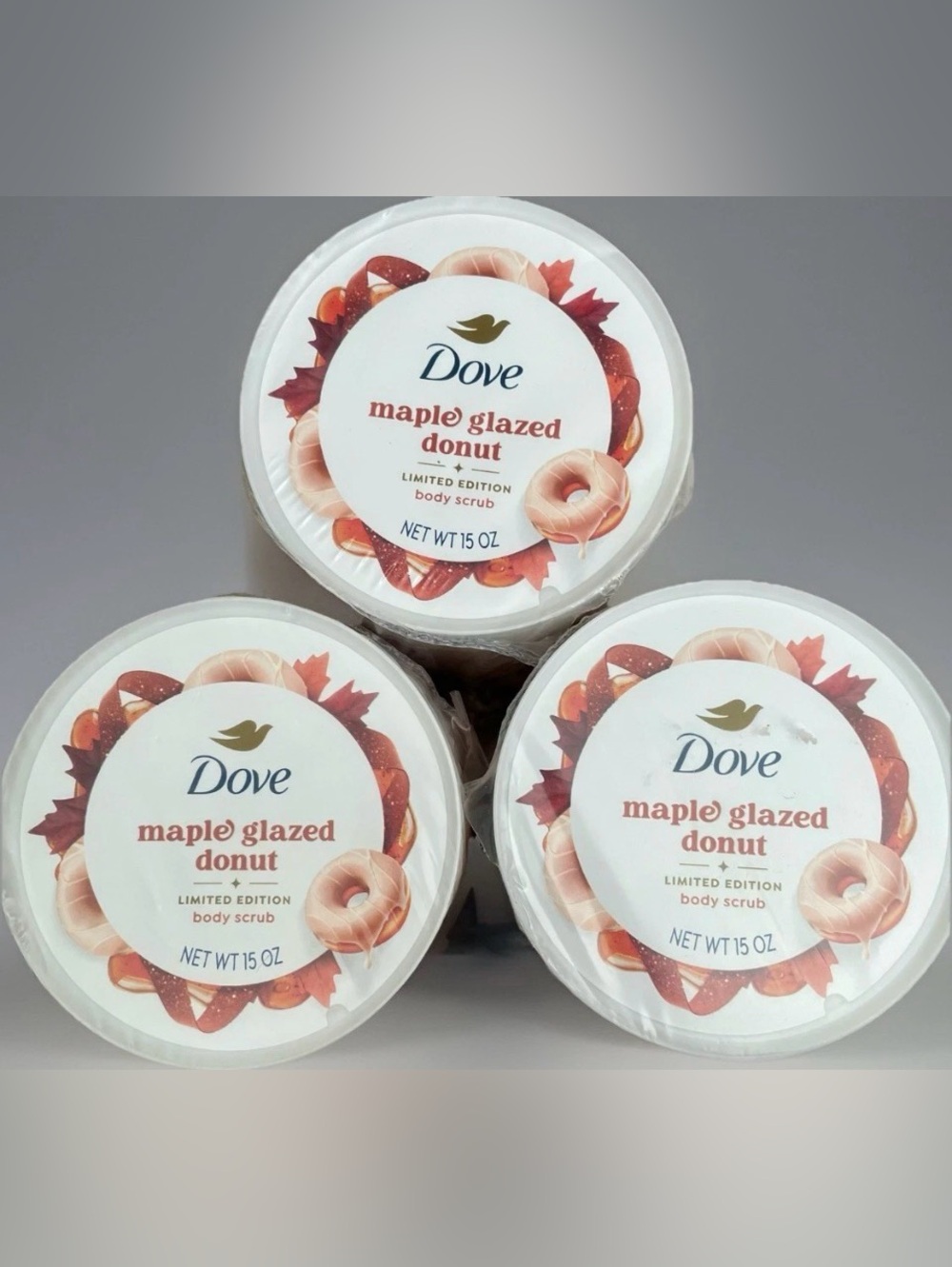 (3) Dove Maple Glazed Donut Limited Edition Body Scrub - White & Pink